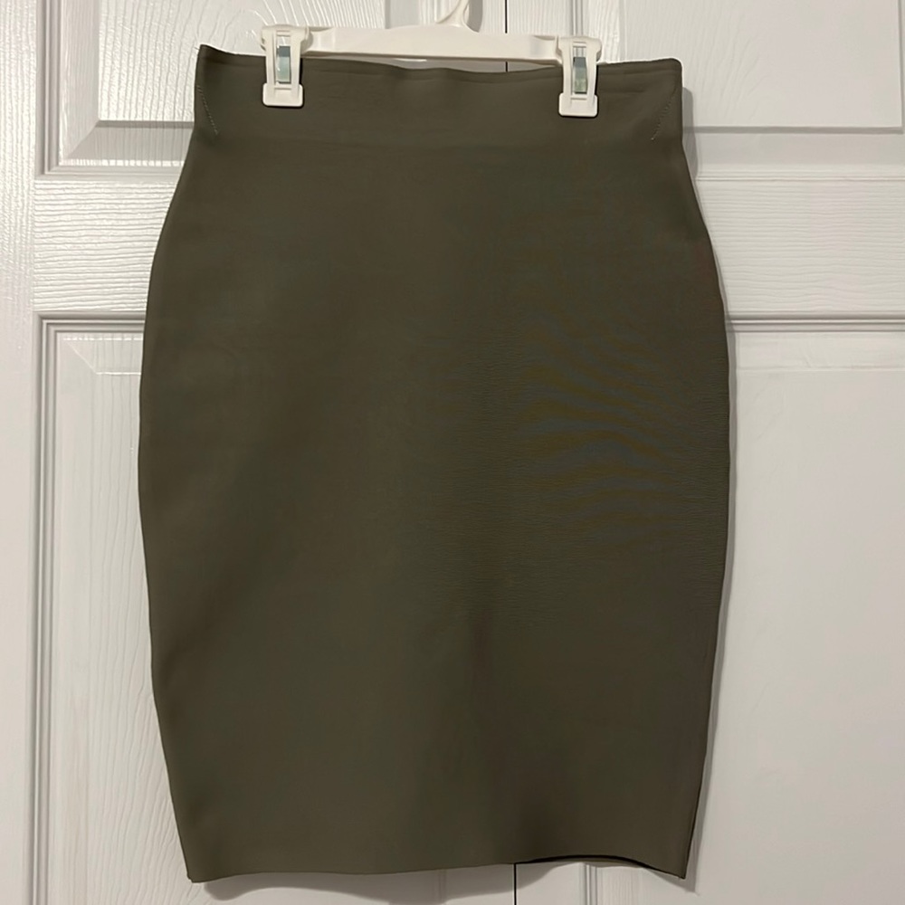 Olive green very stretchy bodycon pencil skirt thick waistband prevents folding